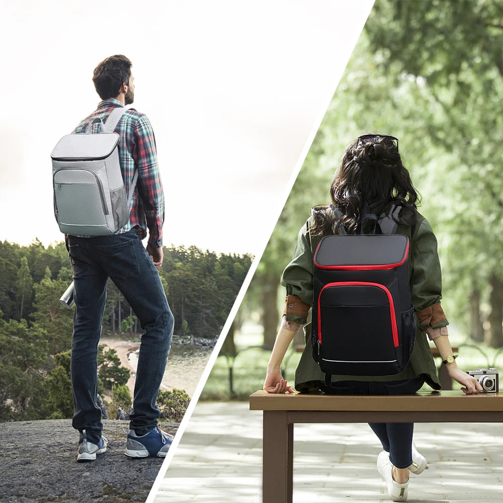 Man och kvinna med kylryggsäck i naturen, perfekt för utomhusaktiviteter