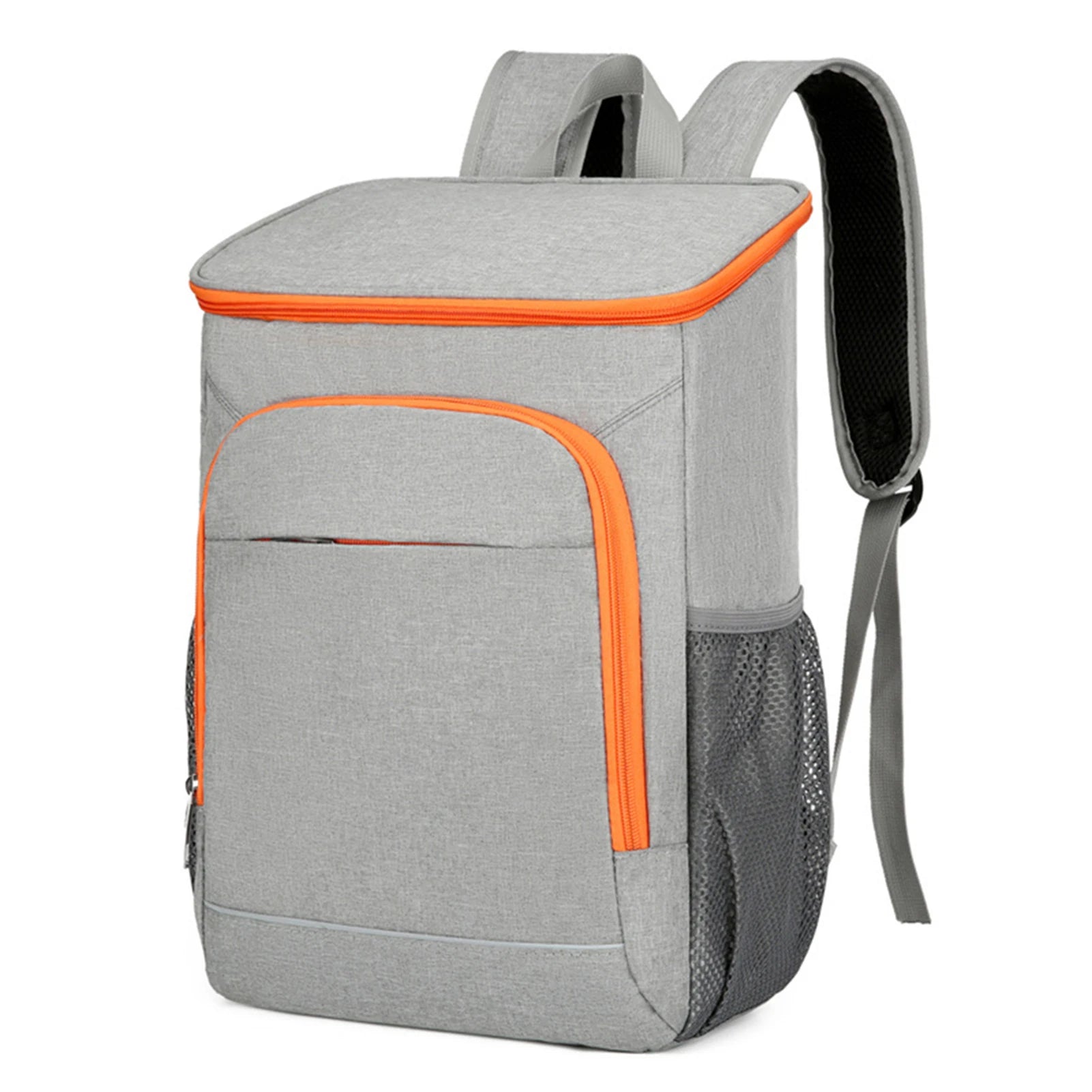 Grå kylryggsäck med orange detaljer, designad för att hålla mat och dryck kall
